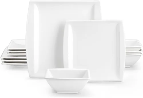 Vista 9 de MALACASA Juego de platos y cuencos, juego de vajilla de porcelana de 12 piezas para 4, platos cuadrados y cuencos para postre, ensalada y sopa