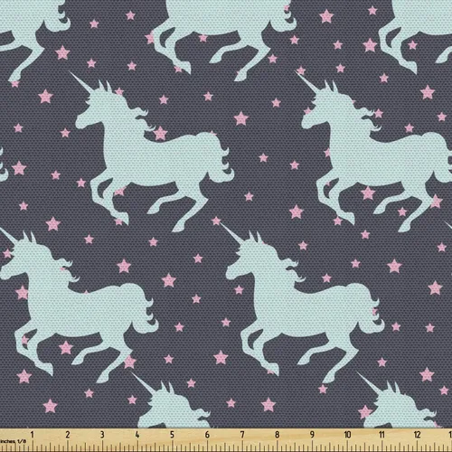 Vista 12 de Ambesonne Tela de fiesta de unicornio por The Yard, patrón de caballo mágico, nubes y estrellas, tela decorativa para tapicería y detalles del Azul