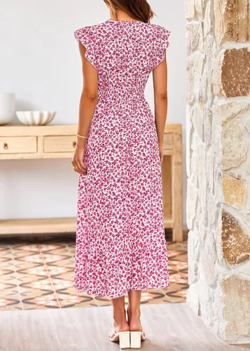 Vista 6 de KIRUNDO Vestido de verano para mujer, con volantes, sin mangas, cuello en V, elegante, con abertura, acampanado, para fiesta en la playa, cóctel
