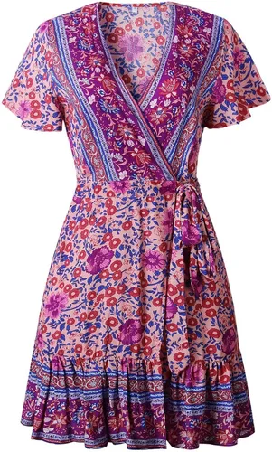 Vista 8 de Zesica - Vestido corto y envolvente para mujer, diseño de verano con cuello en V, estampado floral bohemio, acampanado, con vuelos, para playa