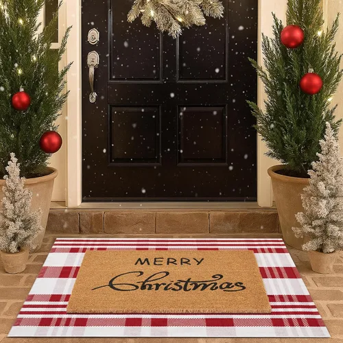 Vista 10 de Juego de tapetes de puerta de Navidad - Tapete de bienvenida 100% fibra de coco + alfombra a cuadros roja y negra de 28 x 43 pulgadas, juego