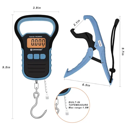 Vista 3 de Báscula de pesca impermeable con pinza de labio, báscula de equipaje colgante postal de 110 libras con gancho, báscula de mano digital con cinta