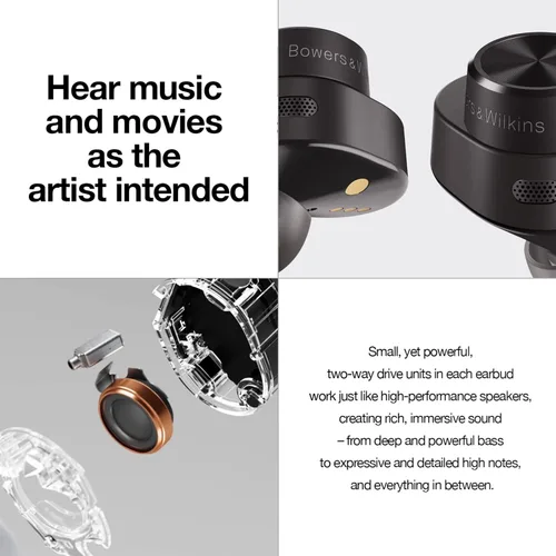 Vista 4 de Bowers & Wilkins Pi5 Auriculares intrauditivos inalámbricos, 4 micrófonos integrados, Bluetooth 5.0 con Qualcomm aptX, cancelación de ruido Negro