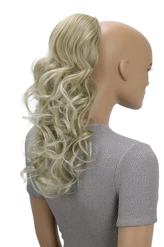 Vista 25 de CAISHA Extensiones de cola de caballo de 18 pulgadas, voluminosas, onduladas, marrón ceniza, mezcla de rubio claro PH35