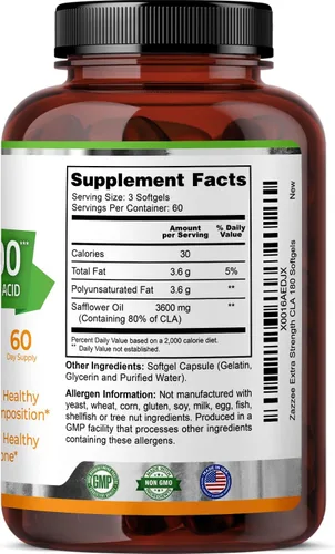 Vista 8 de Zazzee CLA 3600 de alta potencia, 180 cápsulas blandas, 3600 mg por porción, ácido linoleico conjugado de aceite de cártamo, concentrado