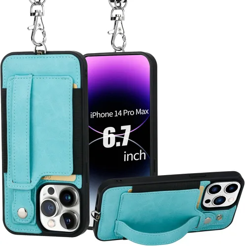 Vista 20 de TOOVREN Funda para teléfono compatible con iPhone 14 Plus, compatible con iPhone 14 Plus, funda con correa para tarjetero, cordón de cuero para Negro