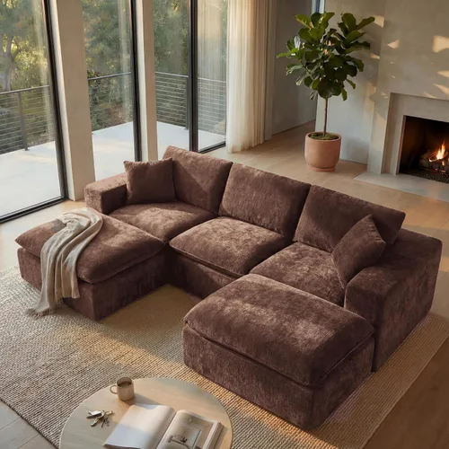 Vista 11 de Sofá nube modular en forma de L de 110 pulgadas con otomana móvil, cómodo sofá de 4 asientos de chenilla sin hueso con asiento profundo para sala
