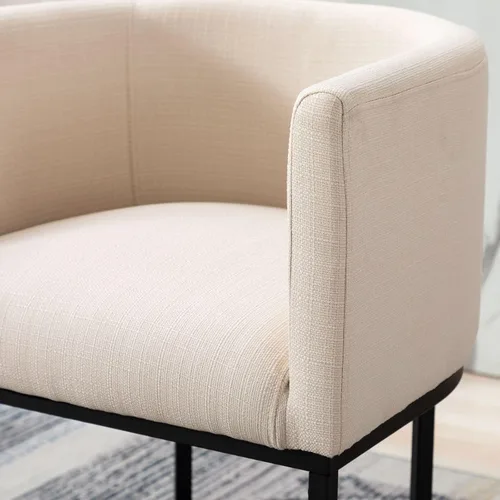Vista 6 de Taburete de bar de lino de 32 pulgadas, taburete moderno de altura de barril con brazo, silla de mostrador tapizada, marco de metal negro para isla