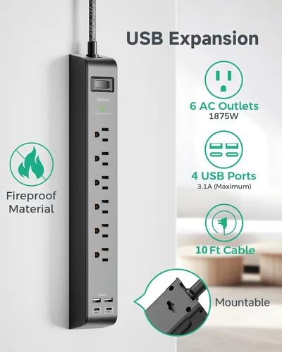 Vista 4 de Paquete de 2 cables de extensión de 10 pies con múltiples tomas, regleta protectora de sobretensiones con 6 tomas, 4 puertos USB, enchufe plano