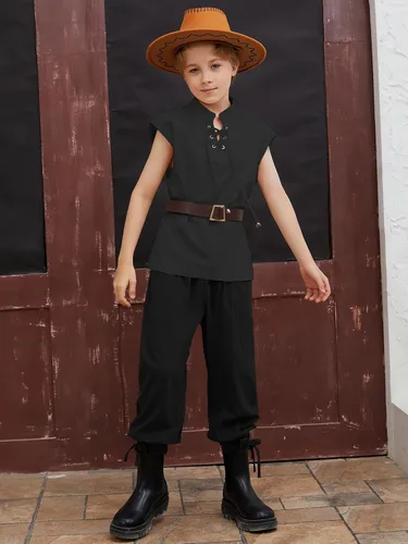 Vista 4 de Pantalones de tobillo medievales para niños, disfraz de pirata vikingo, renacentista, con cordones, con bandas cónicas, pantalones para niños