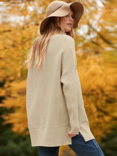 Vista 6 de ANRABESS Suéter tipo túnica de punto con cuello alto para mujer, manga larga de murciélago, dobladillo dividido, ropa de moda 2024