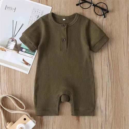Vista 2 de iddolaka Mameluco unisex de manga corta para bebé recién nacido, con botones, de una pieza, ropa de color sólido