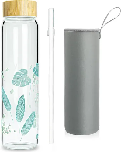 Vista 8 de Botella de agua de vidrio de 32 onzas con popote, botella de vidrio de borosilicato de boca ancha con tapa de bambú y funda de neopreno