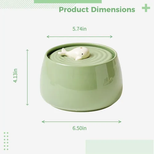 Vista 5 de Fuente de agua de cerámica para gatos de 45 onzas con diseño de ballena, cuenco silencioso para mascotas, sistema de doble filtración de carbón