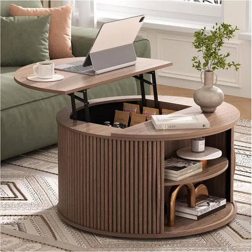 Vista 24 de SULIVES Mesa auxiliar ovalada con almacenamiento, mesa de centro multifuncional con tambor elevable, pequeña mesa central acanalada para sala