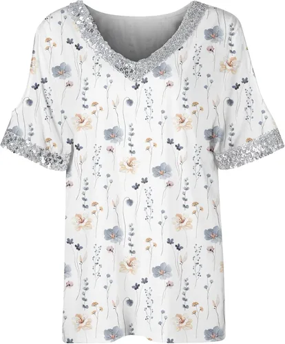 Vista 2 de Camisetas sexis para mujer, estilo casual, con lentejuelas, firme, cuello en V, hombros descubiertos, holgadas, casuales, color degradado, tallas