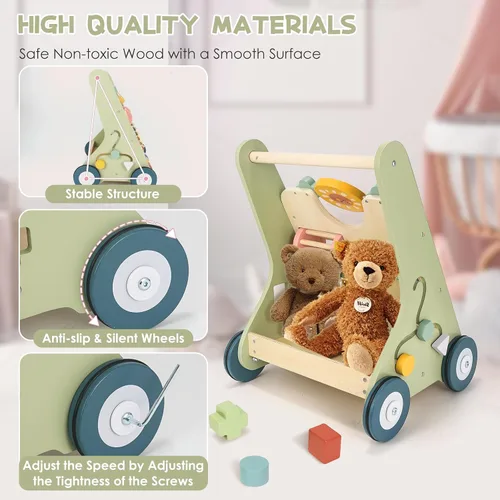Vista 3 de Andador de madera para bebés, Montessori Push Walker para bebés de 10 a 12 Andador de bebé con centro de actividad, velocidad ajustable, juegos Verde