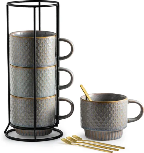 Vista 9 de Gomakren - Juego de 4 tazas de café apilables de 13 onzas con soporte, color negro