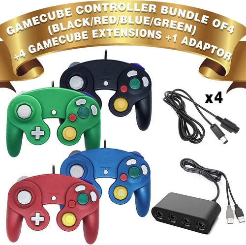 Vista 2 de 4 controladores para Gamecube con 4 cables de extensión y adaptador USB de 4 puertos para Switch PC consola Wii U BBRG