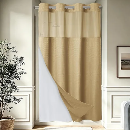 Vista 50 de EUTXL Cortina de ducha beige sin gancho con forro a presión, 230 GSM, cortinas de ducha para baño, 71 pulgadas de ancho x 74 pulgadas de alto