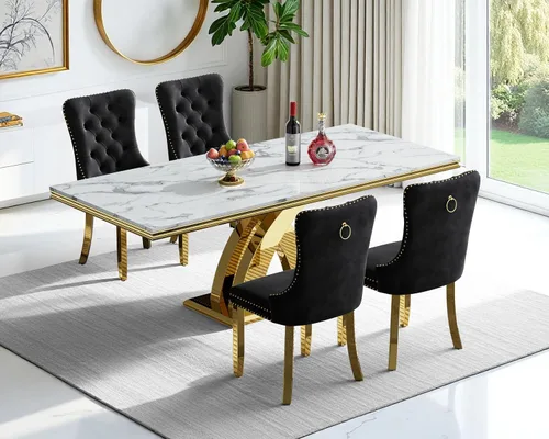 Vista 78 de Juego de 4 mesas de comedor blancas y doradas, mesa de cocina rectangular de 68 pulgadas con parte superior de mármol sintético blanco, mesa de Mesa