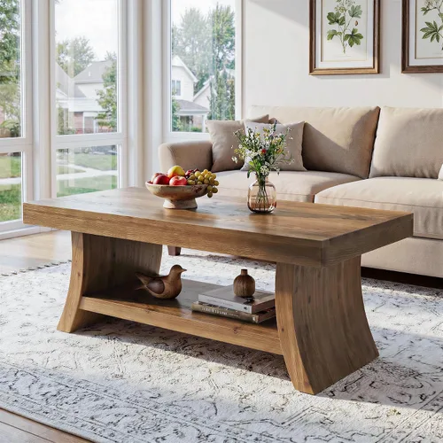 Vista 3 de Mesa de centro de granja con estante de almacenamiento, mesas de centro modernas de madera maciza de mediados de siglo con base curvada, mesa
