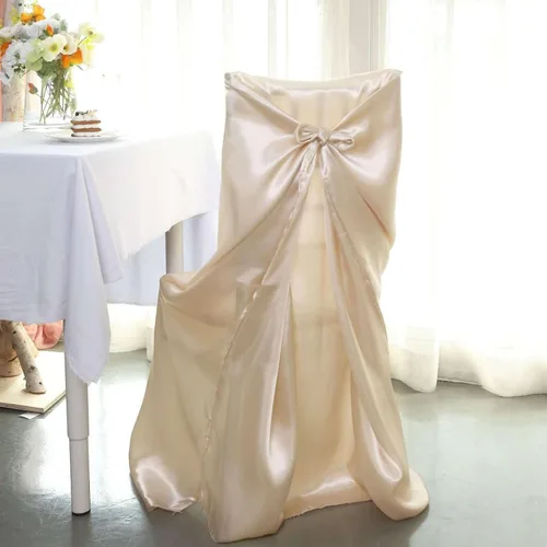 Vista 2 de Efavormart.com - Fundas para sillas beige de 1 pieza, satinadas, con lazo, universales, para banquetes, bodas, plegables, para sillas de comedor