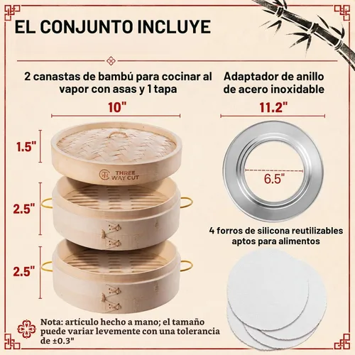 Vista 3 de Cesta para cocinar al vapor de bambú de 25 cm, 2 niveles, con mango, adaptador de anillo, forro de silicona reutilizable, kit para cocinar