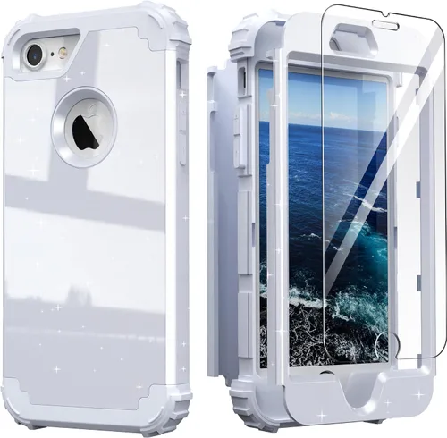 Vista 13 de IDweel Funda para iPhone 8 con Protector de Pantalla de Vidrio Templado, para iPhone 7, 3 en 1, Resistente a Golpes, Delgada, Híbrida, de Servicio