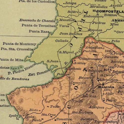 Vista 3 de Mapa de Jalisco México desde Atlas Mexicano c. 1884 por Antonio Garcia Cubas Arte de pared vintage, impresión histórica del estado mexicano