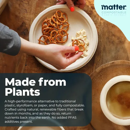 Vista 4 de Matter Platos de fibra compostables prémium de 6 pulgadas, paquete de 150, platos desechables biodegradables ecológicos resistentes para aperitivos