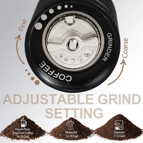 Vista 4 de Molinillo de café manual desmontable con rebabas cónicas de acero inoxidable de 25 niveles, molinillo portátil de grano de café de aluminio