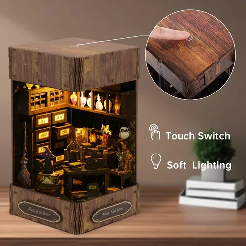Vista 4 de Kit de rincón de libros de bricolaje – Estantería de casa de muñecas en miniatura, rompecabezas de estantería de madera 3D, rompecabezas creativo