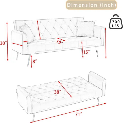 Vista 2 de Sofá cama futón de terciopelo con 2 almohadas, sofá cama convertible con respaldo ajustable de 3 ángulos, sofá biplaza moderno con 4 patas de metal