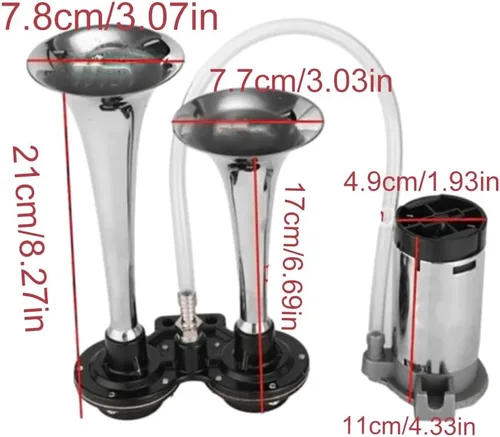Vista 6 de 12V doble tubo Metal Car Horn Metal Car Trompeta 178DB Super ruidoso cuerno de aire para barco tren vehículo