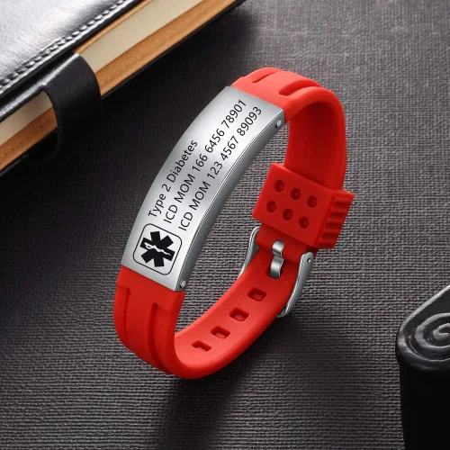 Vista 45 de OPALSTOCK Pulseras médicas personalizadas de silicona ajustable para identificación de emergencias, grabado gratuito, 9 pulgadas, resistente al