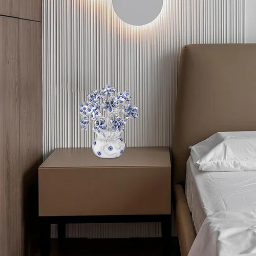 Vista 7 de BRABUD 7.5 '' resina azul malvado ojos estatua plata flores árbol de dinero buena suerte suerte fortuna estatuilla escritorio decoración regalo