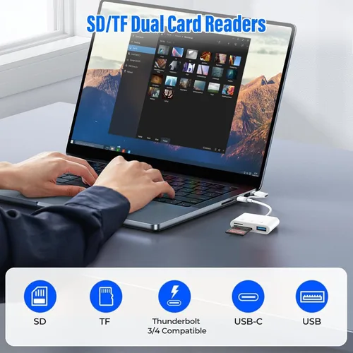Vista 3 de Lector de tarjetas SD para iPhone iPad, adaptador de tarjeta SD de doble puerto Lightning USB-C integrado con SD MicroSD USB 3 ranuras para cámara