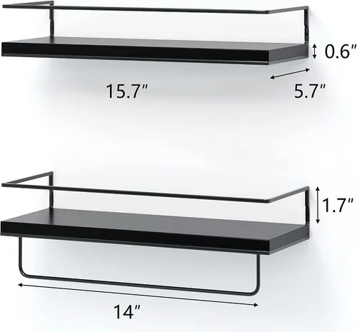 Vista 3 de Shario Estantes flotantes negros – Juego de 2, estantes colgantes montados en la pared con toallero negro, estantes de almacenamiento decorativos