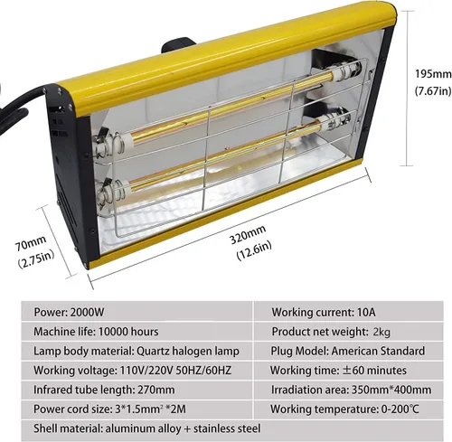 Vista 6 de Lámpara infrarroja de mano para pintura de coche de 2 kw/110 V/220 V, lámpara de curado de pintura de infrarrojos, sistema de pintura portátil