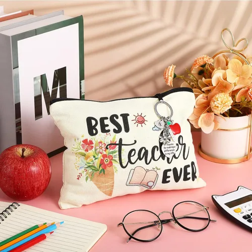Vista 7 de Fumete Juego de regalos de agradecimiento para profesores para mujeres, bolsa de maquillaje con inicial, llavero para regalo de graduación