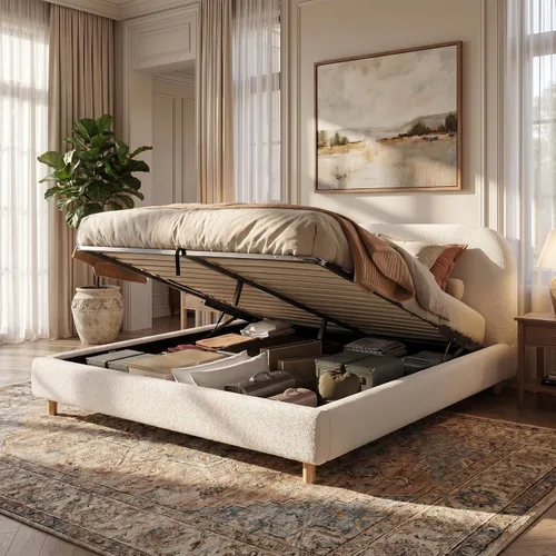Vista 9 de Merax Cama de plataforma tapizada de tela Boucle tamaño Queen con cabecera curvada, marco de cama de madera moderno con patas cilíndricas para Crema