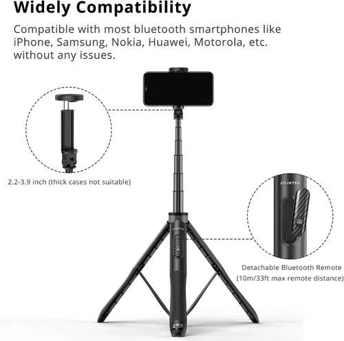 Vista 6 de ATUMTEK Trípode para selfie stick de 51 pulgadas, soporte extensible todo en uno con control remoto Bluetooth, rotación de 360° para iPhone y Negro