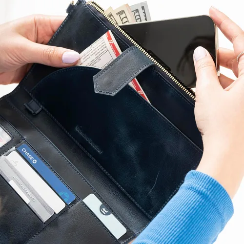 Vista 4 de Cartera de cuero genuino para mujer con protección RFID, cartera plegable para teléfono celular, con cremallera, diseño delgado, con múltiples