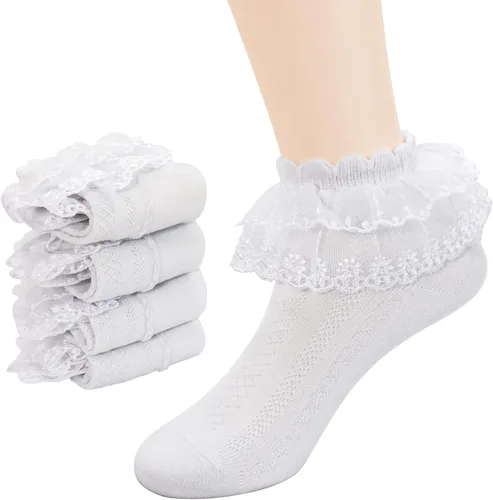 Vista 8 de Looching 45 pares de calcetines de encaje con volantes para bebé y niña, con ojales, color blanco, de princesa, de algodón, lindos calcetines