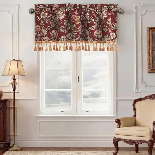 Vista 15 de Loom and Mill Cenefas de jacquard de lujo para ventana de sala de estar, elegante cenefa de cortina de damasco beige con ribete de cuentas, cortina