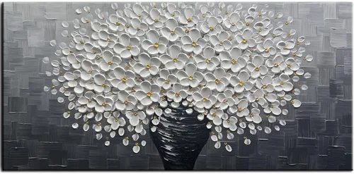 Vista 11 de YaSheng Art - Pintura al óleo de arte contemporánea hecha a mano de flores blancas en lienzo con textura 3D, pinturas de árbol abstractas