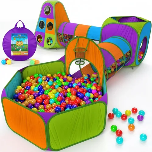 Vista 11 de Playz 5 piezas de tiendas de campaña infantiles y túneles - Piscina de pelotas para niños pequeños, canasta de baloncesto, tubos para gatear, casas