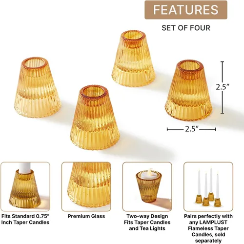 Vista 2 de LampLust Portavelas de vidrio para velas votivas, paquete de 4, portavelas ámbar de 3 pulgadas, portavelas votivos reversibles y candelabros