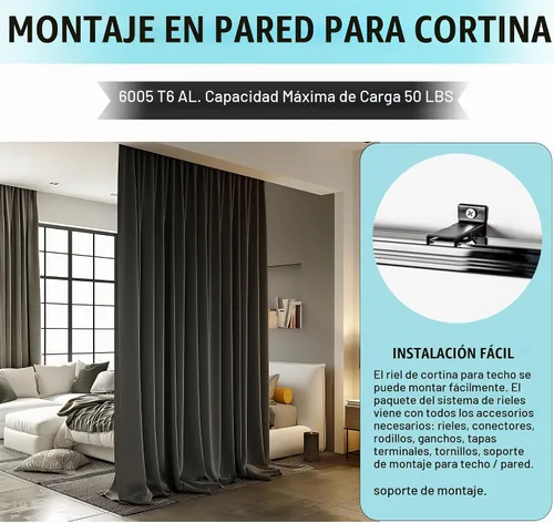 Vista 5 de Riel de cortina de techo, para montaje en pared en el techo, cortinas divisoras de habitación, barras de riel de cortina de techo resistente, riel